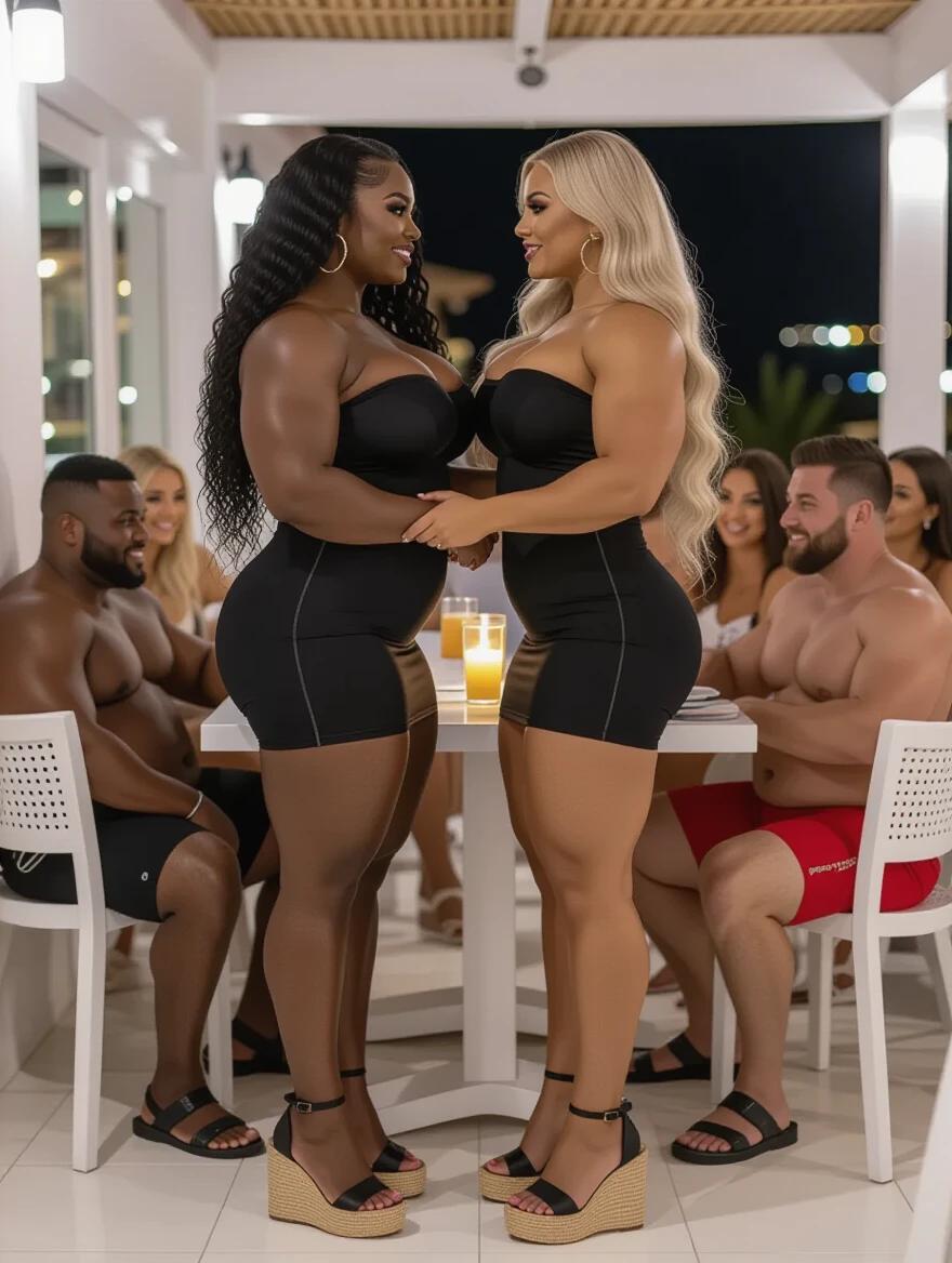 Two massive bodybuilder women stand side by side. One has dark skin and long black curly hair. The other has light skin and long blonde wavy hair. Both have extremely muscular bodies. They wear tight black strapless dresses and espadrille platform heels. They look at each other while intertwined. The setting is a lively Mykonos bar at night. Other people nearby watch them in amazement.