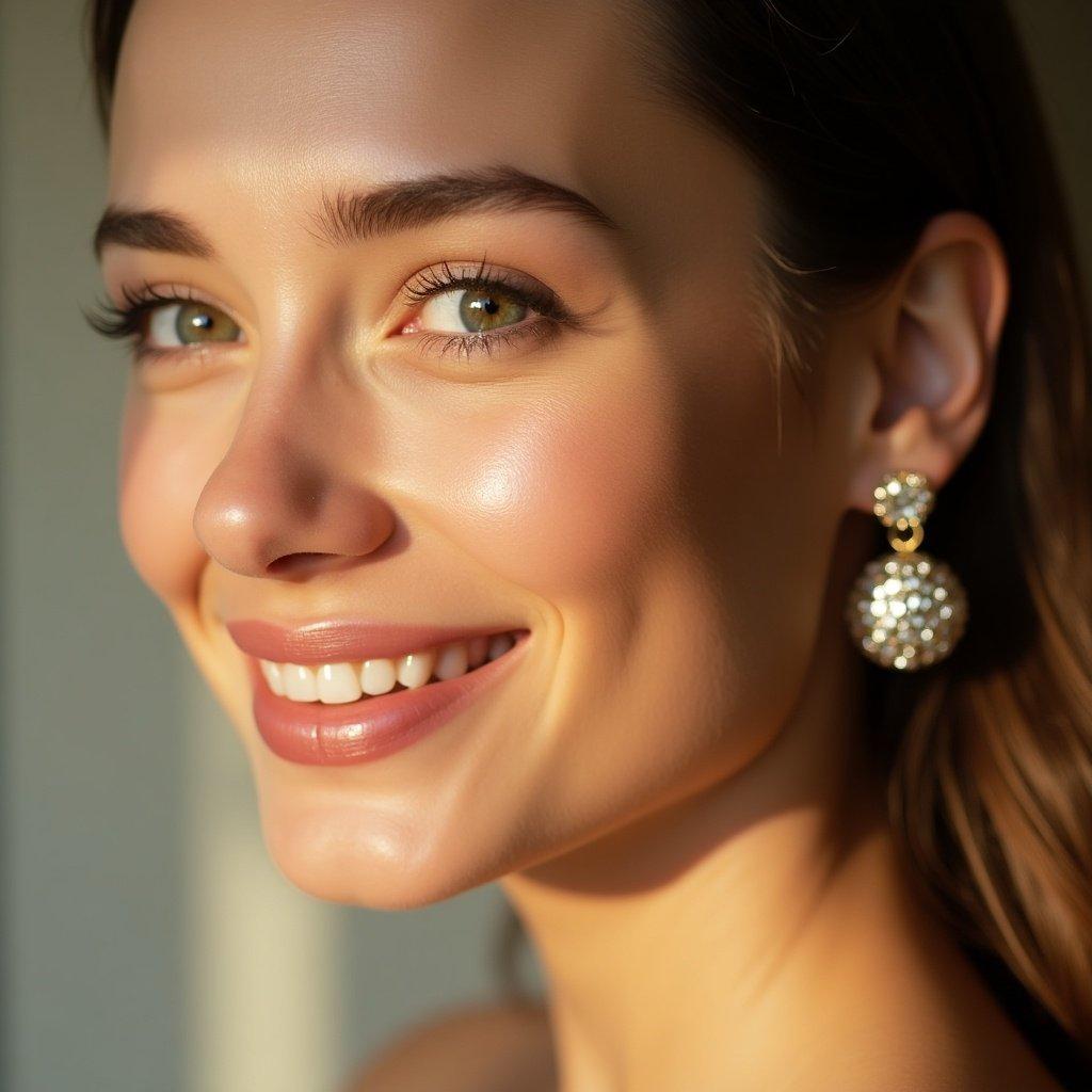 Close-up side profile of a young woman. Warm lighting illuminates skin. Natural look without visible makeup. Glowing complexion enhances beauty. Soft natural lighting casts a highlight on facial features. Elaborate earrings adorn her ears. Bold makeup with glitter on cheeks and shoulders creates a stunning effect. Image ideal for skincare and beauty products.