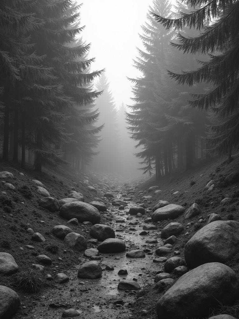 Grayscale height map of a forest path. Dense trees on either side. Boulders lining the entrance. Fog obscuring the view.