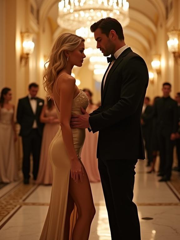 Glamorous high-end ballroom in Dubai under crystal chandeliers. Striking blonde woman in champagne evening gown with thigh-high slit leans in close to a handsome man in a black tuxedo. Romantic and dangerous expressions. Marble floor reflects warm lights. Blurred elegant guests in the background. Cinematic depth of field and rich contrast between colors.