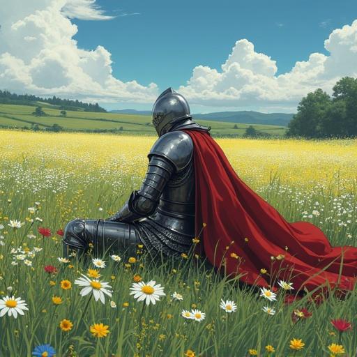 A medieval knight rests in a meadow filled with flowers. He wears armor and a flowing red cape. The background shows rolling hills and a bright sky. The artwork reflects an anime style reminiscent of popular series like Vinland Saga.