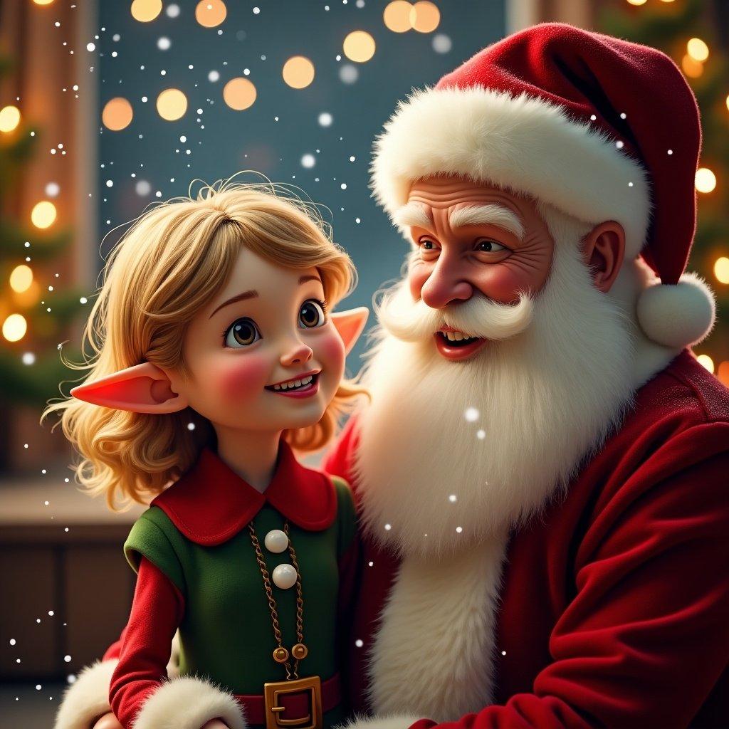 A joyful Santa Claus with a fluffy white beard and red suit smiles at a cheerful elf girl. The elf has shoulder-length dirty blonde hair, red and green attire, and a bright smile, enjoying a snowy atmosphere. Light flurries of snow fall around them.