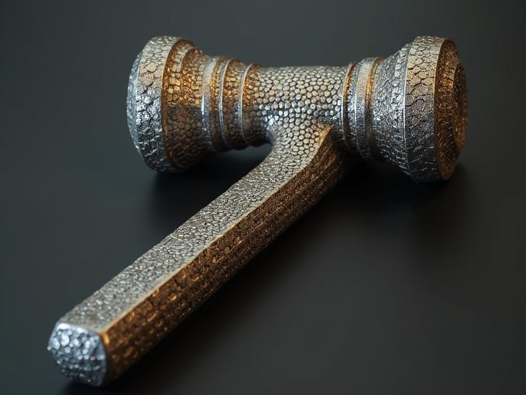 Lead filled mace with intricate surface texture. Displayed in a hypermodern style influenced by Greg Rutkowski. Combines neo-primitivism and tesselation design elements.