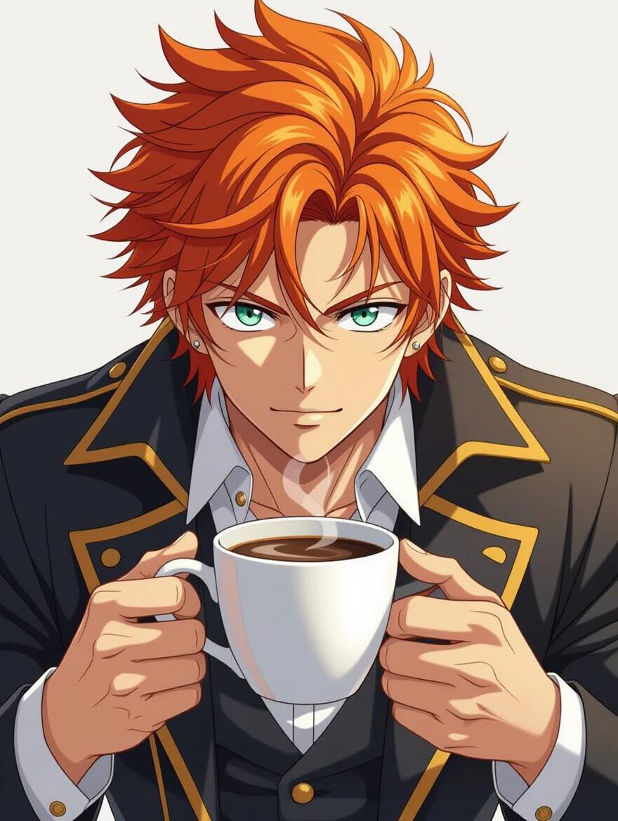 Realistic image of an anime character holding a white coffee cup. Character features bright orange hair and green eyes. Dressed in a stylish suit with a black and gold design.