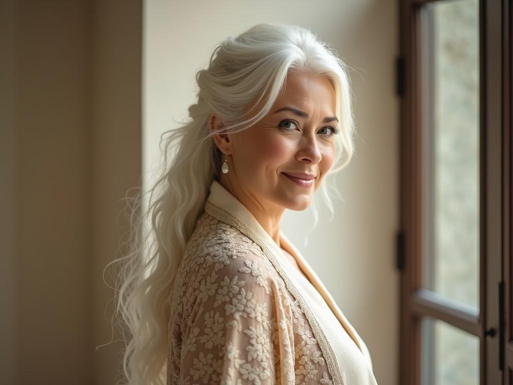 Full-body portrait of a beautiful mature woman in side profile. Long white hair styled elegantly. Glamorous figure, large breasts, slim waist, youthful dignified face. Wearing an elegant outfit like a high-collared blouse or embroidered shawl. Gentle smiling expression, calm nobility and grace. Soft blurred background. Warm-toned colors. Classy peaceful atmosphere.