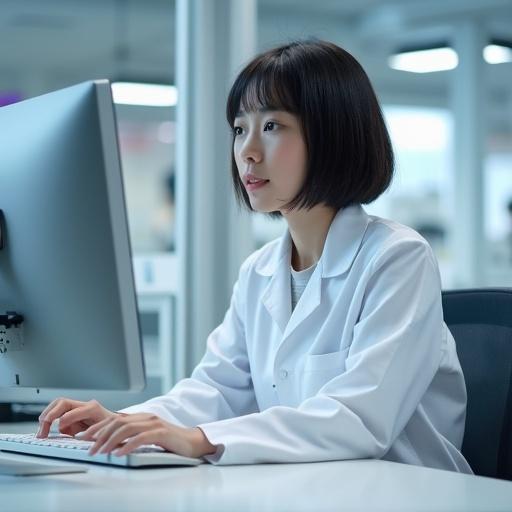 Female scientist in a lab coat looks at a computer in a modern lab with a white shelf above the computer. She has short hair and appears focused on her work.