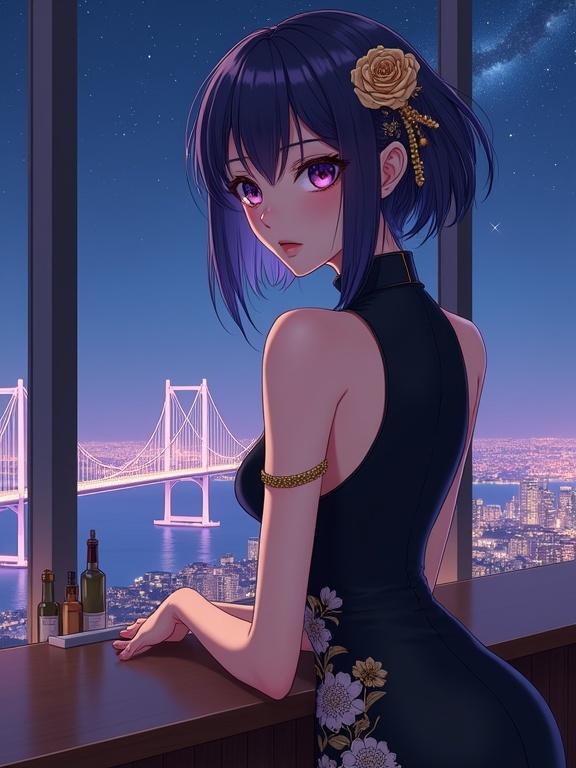 Anime-style character at a bar in a high-rise lounge. Dark violet hair with blue sheen decorated with golden rose. Sleeveless high-neck dress with floral patterns. Large window showing a night cityscape with a bridge and stars. Confident expression, leaning on a wooden counter.