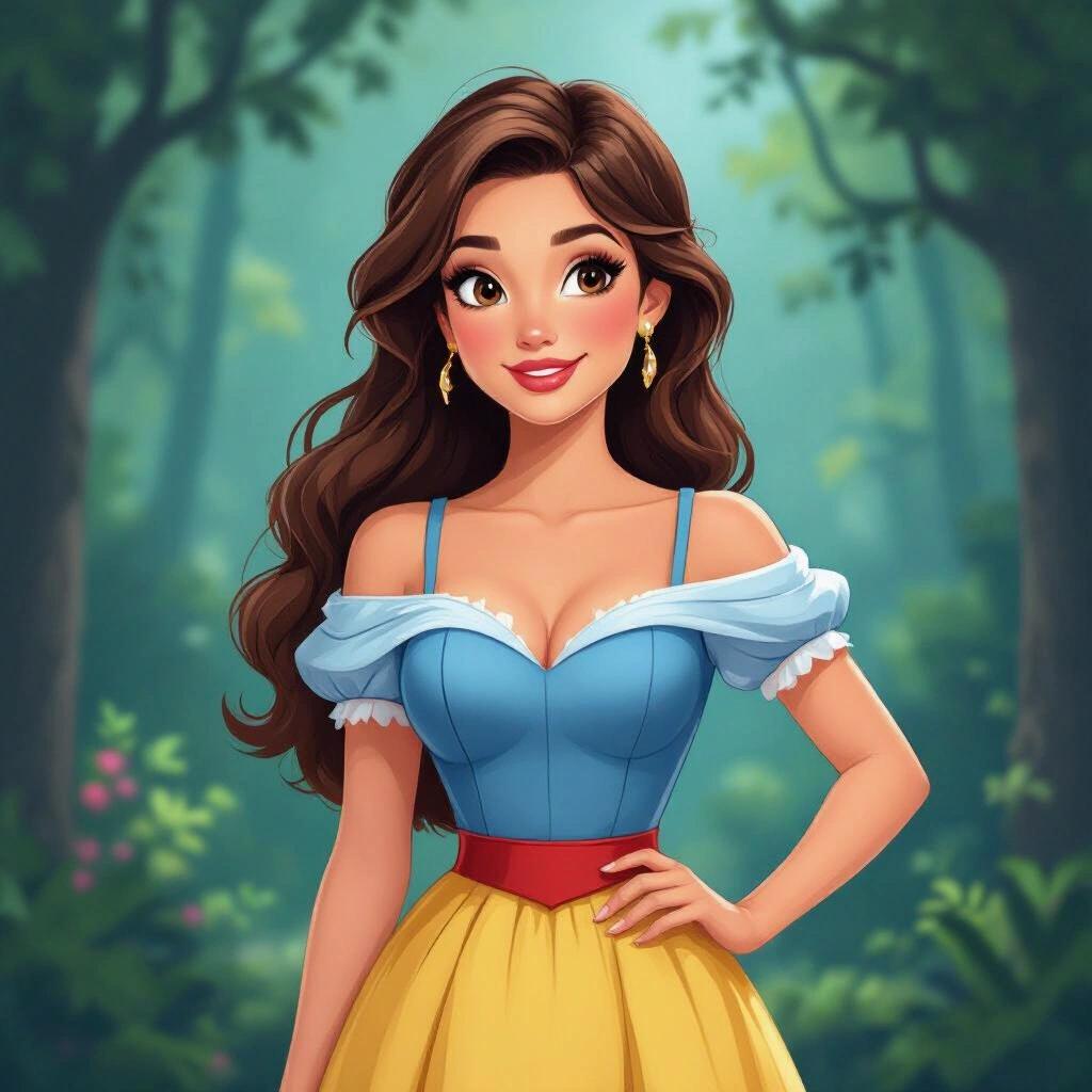 Create a Disney style mom character. She has a cute appearance and a thicker body type. The character has long flowing hair, a lovely expression, and a playful dress with a blue top and yellow skirt. Background features a magical forest setting.