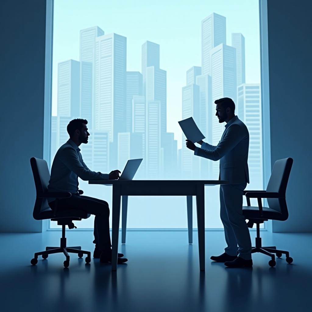 The image shows a table with participants engaged in a business competition. One participant holds a paper, creating an atmosphere of anticipation. The background features a city skyline with a blue and white color palette.