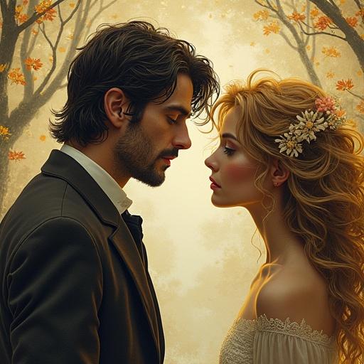 Fantasy drawing of a man looking at a woman with golden hair in a magical world.