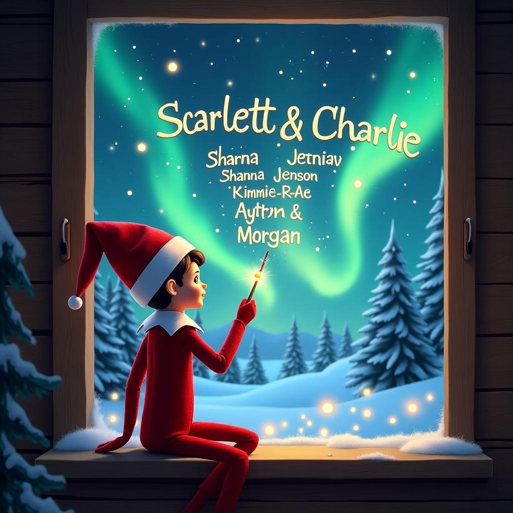 The image features an elf on the shelf facing outward from a cozy cabin window, gazing upwards into a magical night sky. The elf, dressed in traditional holiday attire, is using a magic wand to elegantly write names in the sky. Behind him, the enchanting northern lights create a colorful display, casting a glow over the snowy landscape. Among the lights, the names 'Scarlett & Charlie' are prominently displayed, along with 'Sharna, Jenson, Kimmie-Rae, Ayrton & Morgan'. This whimsical scene captures the essence of Christmas magic, joy, and childhood wonder.