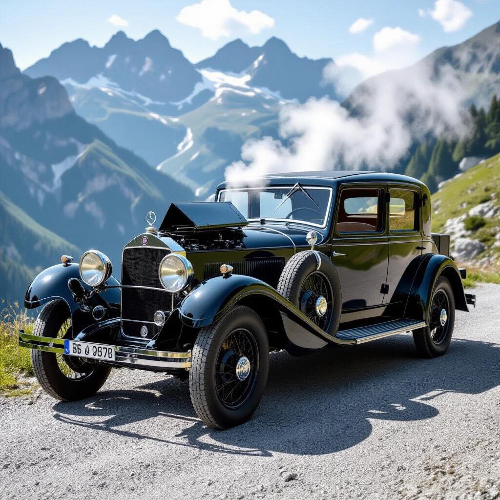 A vintage 1928 Mercedes-Benz Sportwagen stalled on a mountain pass with boiling coolant steam. The driver door is open revealing an empty interior with Art Deco upholstery. A female figure stands beside the vehicle looking panicked. The scene features a misty mountain background, golden hour lighting, and an unused toolbox on gravel.