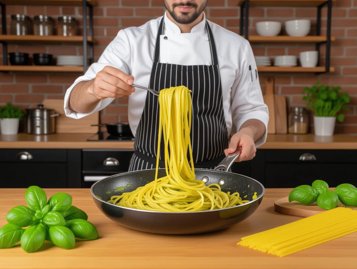 Professional food photography of freshly made pasta in a modern kitchen. Black pan has bright yellow spaghetti noodles with green pesto sauce. Cook lifts spaghetti with a fork. Fresh green basil leaves on the wooden counter with a large basil plant in the background. Kitchen features exposed brick walls and dark wooden shelving. Shelves have cutting boards and fresh produce. Warm natural lighting adds subtle shadows. Shot from a low angle.