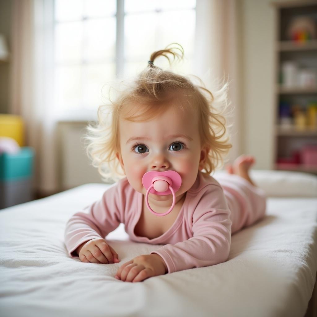 A cute toddler girl is lying on a soft surface, wearing a light pink outfit. She has a pink pacifier in her mouth and a playful expression. The room is filled with soft, natural light coming through a window, highlighting her fine, wavy blonde hair. The background features simple, colorful furniture, creating a cozy atmosphere. This image captures a tender moment of early childhood, perfect for parenting content.