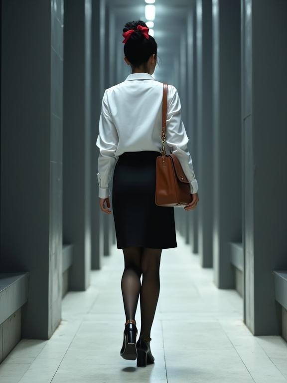 A full-body image of an East Asian woman walking through a corridor. She wears a white blouse and knee-length skirt. A brown satchel is slung over her shoulder. She has black pantyhose and black ankle-strap heels. Black hair is in a bun with a red bow. The corridor has dark grey walls with a modern dim ambiance.