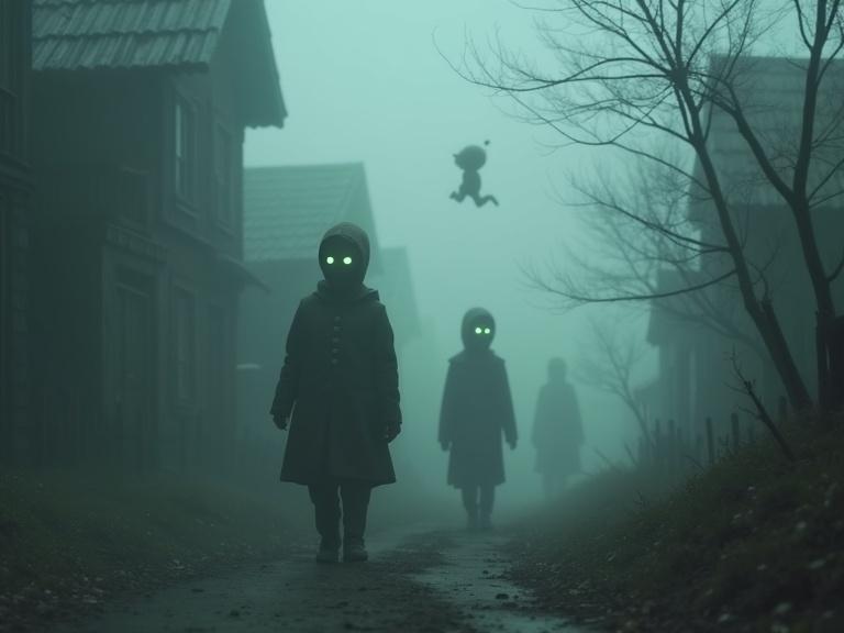 Faceless children made of mist walk through a forgotten village. They have glowing eyes and are surrounded by fog. Abandoned toys float mid-air. The scene feels eerily silent and dreamlike.