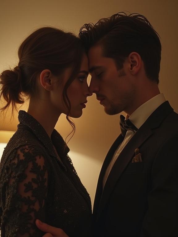 Intimate moment between a couple in elegant attire. Close-up focus on their faces showcasing intimacy. Warm lighting enhances the romantic atmosphere. Couple exuding style and emotion.