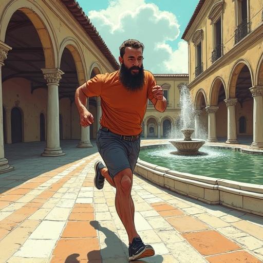 A bearded man sprinting beside a fountain in a courtyard filled with Renaissance arches. The artwork features clean comic-book style and painterly shading. High-quality illustration showing athletic movement.
