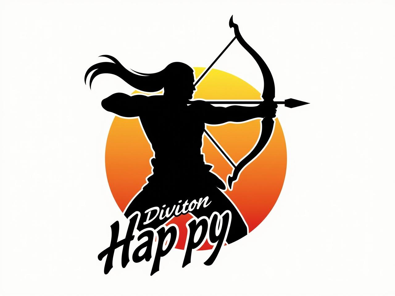 The image features a stylized silhouette of a warrior drawing a bow. The figure is depicted with long hair and a muscular build. The bow is designed with sharp, bold lines, and the arrow is aimed forward, suggesting action and focus. The color gradient transitions from black to orange, adding a dynamic visual effect. Below the figure, there is a stylized text that reads 'Happy' in an artistic font. This design conveys strength, determination, and a sense of celebration.