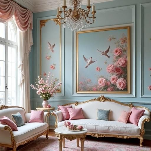 A Rococo living room with light blue walls and white furniture. Decorative elements include pink cushions, floral arrangements, and paintings of roses and doves. A crystal chandelier hangs elegantly from the ceiling.