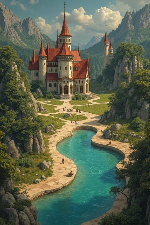 A panoramic view of a fantasy landscape featuring a majestic castle with red roofs nestled among mountains. A winding river flows through the area, lush greenery surrounds the structure. Imagery evokes a magical, serene atmosphere.