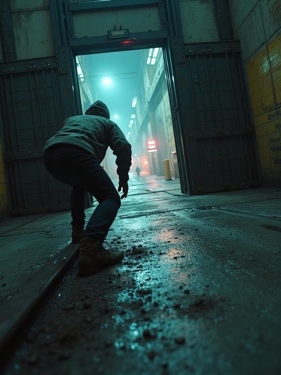 Hyperrealistic POV image depicting a character sliding under a large industrial gate. The gate is slamming shut. The character's hands scrape on the concrete floor. There are cuts and dirt on the hands. Shadows and boots of pursuers are visible behind the gate. Harsh fluorescent lights illuminate the scene. An EXIT sign glows in the distance. The character's hoodie snags on the edge of the gate. The gate is fully closed, blocking the pursuers.