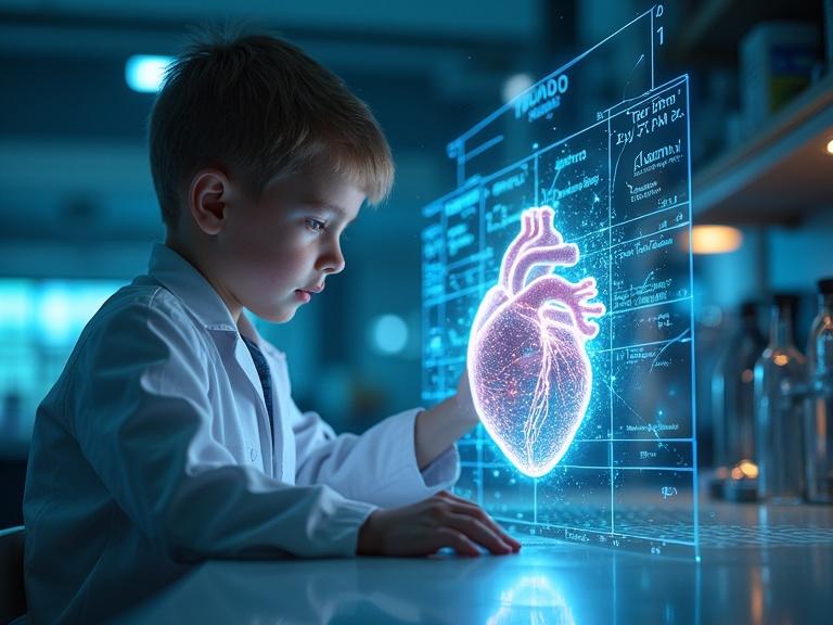 Futuristic lab environment. Young boy in a lab coat. Holographic model of a human heart present. Quantum formulas glowing around. Sci-fi tone and intelligent atmosphere.