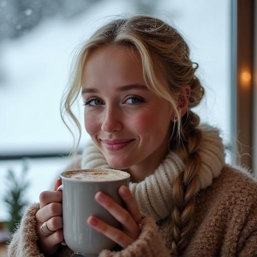 A Russian girl drinks hot chocolate. She sits at a ski lodge. Snow melts off her boots. Her cheeks flush from the cold. A blonde braid has snowflakes. She wears a fuzzy sweater. Eyelashes clump with frost. She smiles while blowing on her drink. Teeth chatter slightly. Window shows a snowy view. Warm light creates a winter glow. Shot with an 85mm lens.
