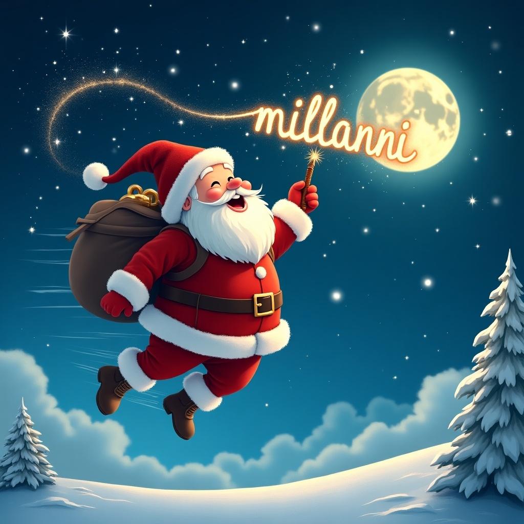 Santa Claus writes millanni in the night sky with a sparkling wand while flying. Santa has a sack and a festive outfit. Magical atmosphere with a glowing moon.