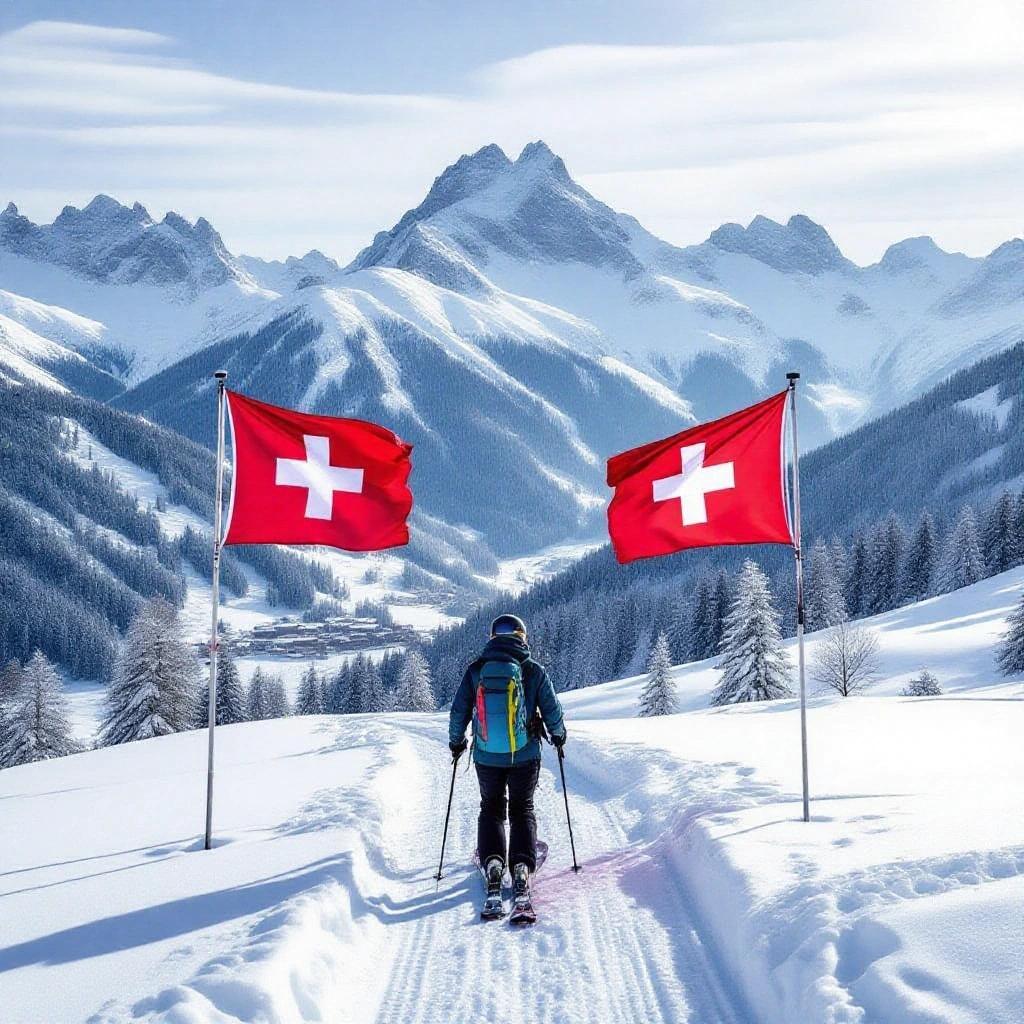 Image of a hiker in snow walking between two Swiss flags. Snow-covered mountains in the background. Clear sky with bright natural light. Location likely Zermatt, Switzerland.