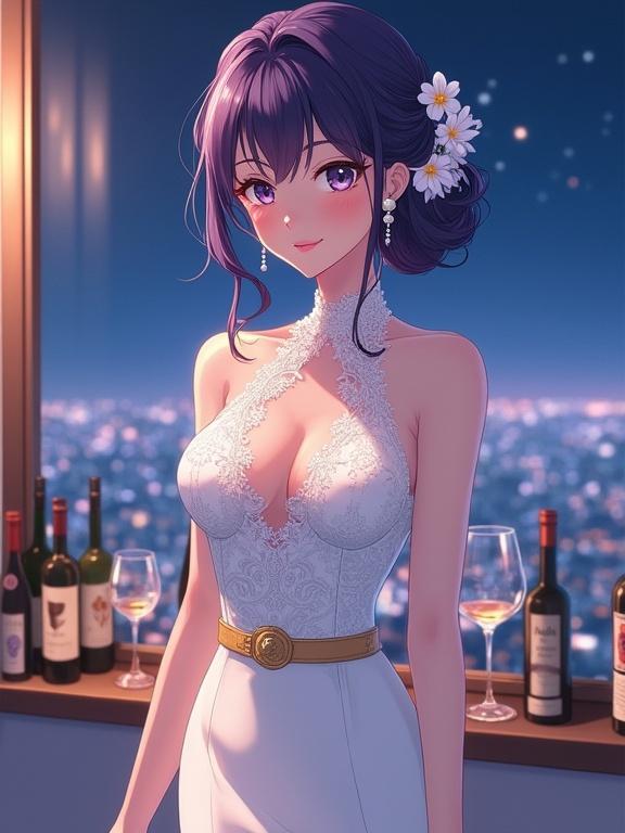 A detailed anime illustration of a beautiful young woman. She has dark violet hair in an updo with white flowers. She wears pearl earrings and a high neck white gown with lace. A golden belt accentuates her waist. Full body shot shows her legs. In the background, a window reveals a nighttime cityscape. A shelf displays wine bottles. Soft, cool light bathes the scene elegantly.