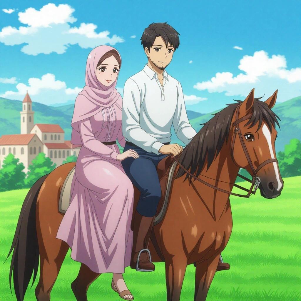 Anime-style illustration of a couple riding a realistic brown horse. The woman wears a pink hijab and a flowing pink maxi dress. The man has short black hair and a white shirt. They sit on a horse in a lush green landscape with a sunset. Warm, romantic atmosphere with natural colors.