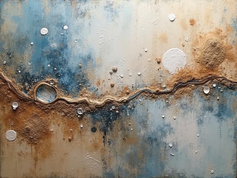 Exquisite mixed media artwork with rich textures and splashes. Thick impasto technique with layers of materials like newspaper, jute, wood, sand, and glittering confetti. Close-up view highlights scratches, drops, and tears in a fantasy style.