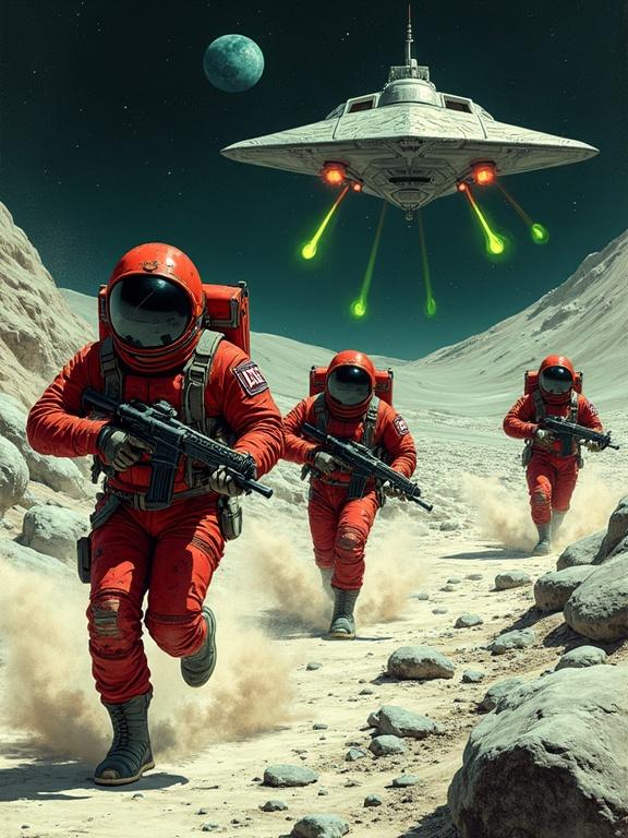 Comic illustration of astronauts on the moon. Three astronauts in red spacesuits sprinting on the lunar surface. They fire backward at an alien ship. The scene is chaotic with dust trails and bright plasma bolts. The background features jagged rocks and distant Earth.