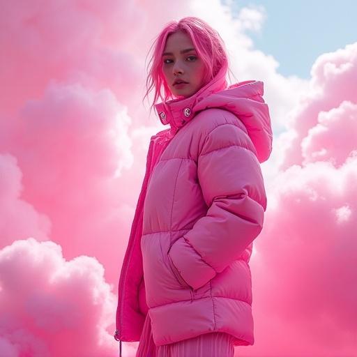 Futuristic avant-garde couture fashion features a model in vibrant pink attire. The look merges anime aesthetics with alternate dimension style. It portrays luxury and opulence. The setting suggests a galactic theme with streetwear influences. The aesthetic is visually striking and vividly bright. It creates an intoxicating atmosphere.