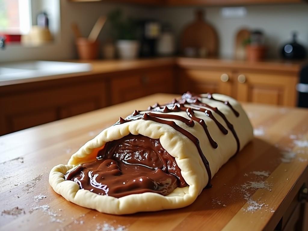 The image showcases a freshly made chocolate-filled pastry roll, placed on a wooden countertop. The roll is generously filled with rich, melted chocolate, oozing slightly from the ends. The surface of the roll is drizzled with a glossy chocolate ganache, adding a decorative touch. The background reveals a cozy kitchen setting with slight hints of greenery and common kitchen items. Flour is softly scattered around the roll, emphasizing the baking process. The overall vibe is warm and inviting, perfect for a home baking project.