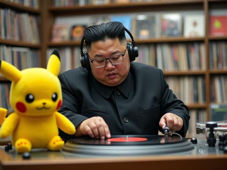 DJ inside a record store mixes vinyl records. Professional DJ headphones worn. Pikachu doll present. Vinyl records displayed in background. Enjoying music while DJing.