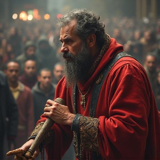 A man dressed in a red robe holding a stick in a crowd of people. The scene reflects a fantasy or gaming environment.