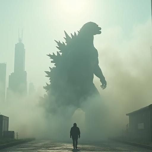 Cinematic image depicting Godzilla's silhouette walking through fog and smoke. Godzilla towering over a human figure while approaching the camera. City skyline in the background, set under a bright sunny sky. Rich textures and realistic physics enhance the scene.