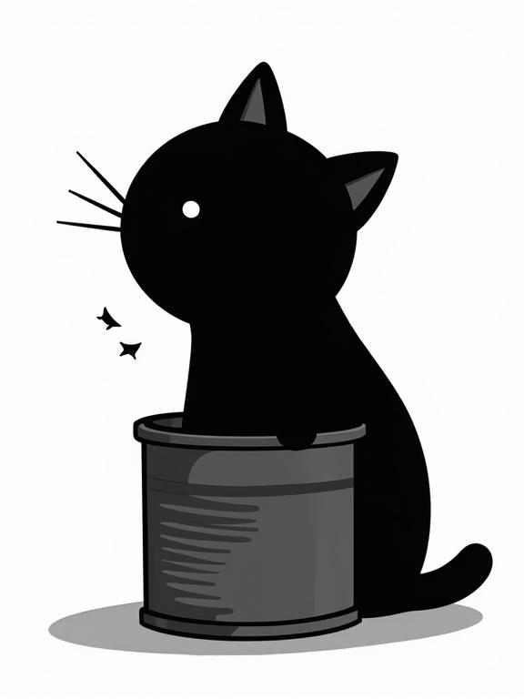 Black silhouette of a cartoon cat with head in catfood can. Transparent background. Graphic black-and-white style.