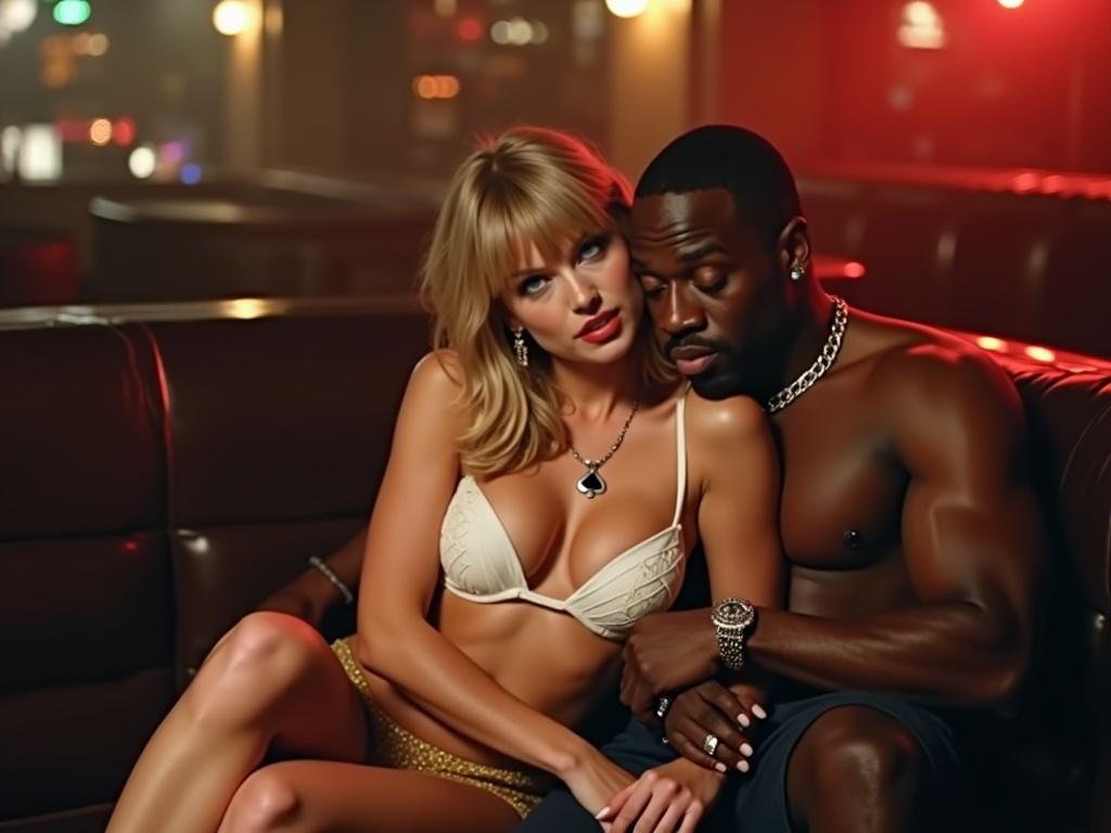Scene in nightclub featuring a couple. Woman has blonde bangs and long twintails. She wears a white bikini top and gold miniskirt. Man is a large black rapper. They sit close together. Woman looks at viewer, appears flushed. Dim club atmosphere with neon lights.