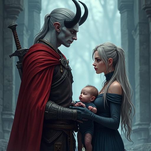 Anime digital illustration of three characters. Tall male tiefling with ash-gray skin, amber eyes, long silver hair in a high ponytail, sleek black horns, wearing a red cloak, and chanmail shirt. Female human with long ash-blonde hair in a braid and deep green eyes, wearing a night ash-blue dress. Newborn baby of female human with short ash-blonde hair held by the second character. Soft cel shaded and detailed textures.