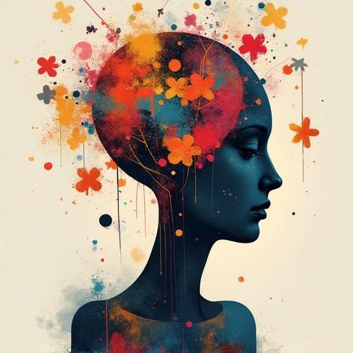 Abstract representation of a thinking figure with flowers emanating from the head.