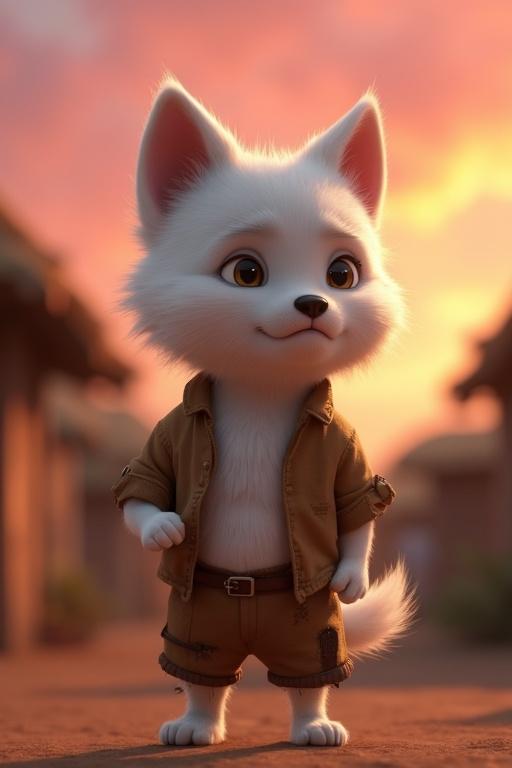 Close-up of an anthropomorphic white puppy named Tuku. Tuku has soft white fur, a tattered brown shirt, and torn shorts. He stands on two legs with tears in his eyes and a determined expression. Background shows a village at dusk with warm skies.