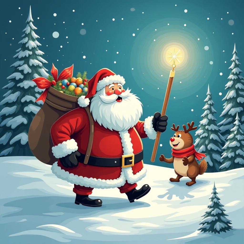 Cheerful holiday scene with Santa Claus and a reindeer. Santa dressed in traditional red outfit with a big bag. Snowy landscape with pine trees. Warm, glowing light from Santa's stick.