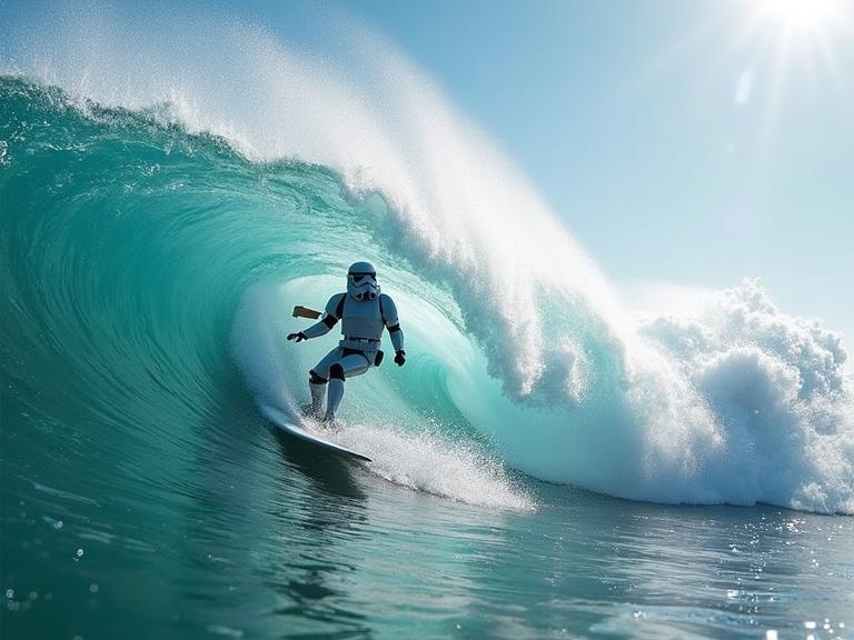 Stormtrooper surfing giant barrel wave. Action shot. Bright clear ocean. Engaged in backflip. Stunning sunlight.