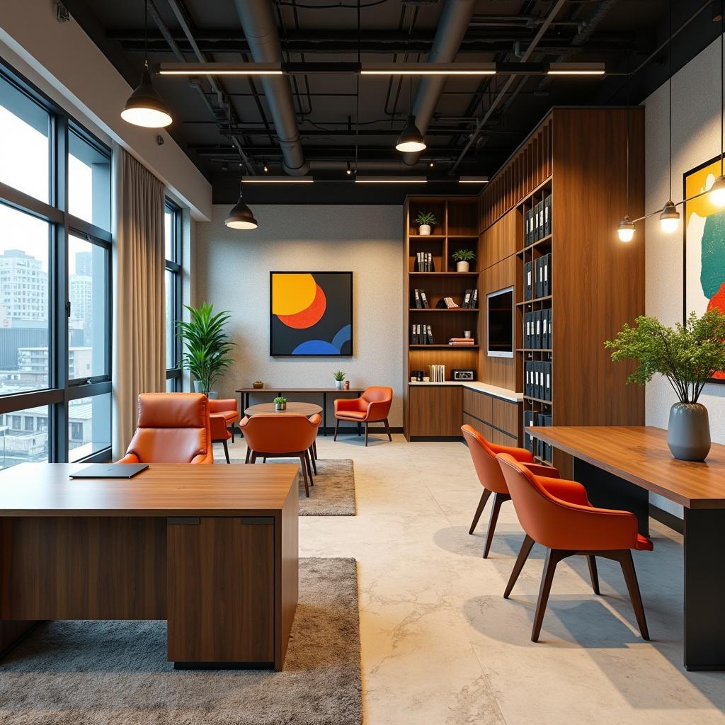 Office interior showcasing a collaborative workspace with bright color accents. Features modular workstations, ergonomic chairs, and glass partitions. Designed with geometric pendant lights, incorporating natural light and plant elements for a fresh and energizing atmosphere.