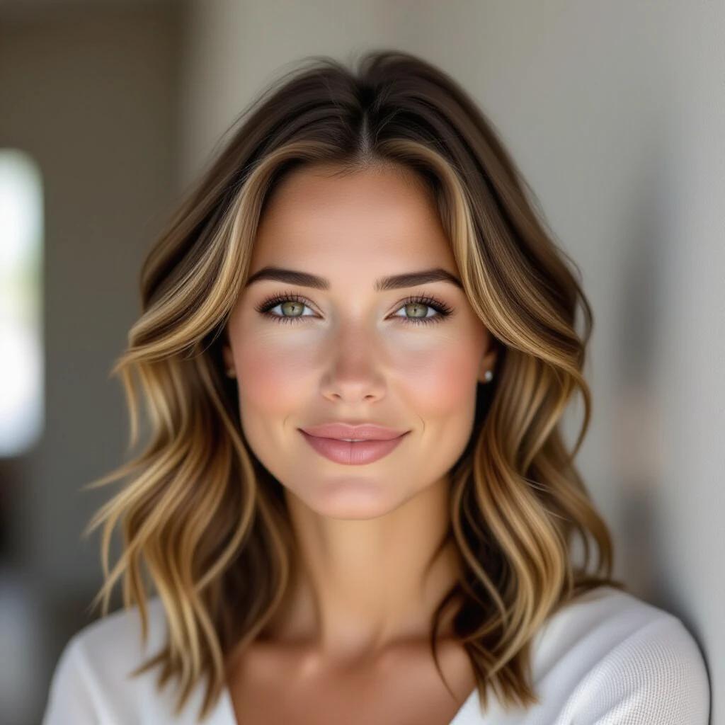 Caucasian woman around 38 years old has shoulder-length light brown hair parted on the side. She has light-colored eyes and is smiling slightly. Soft lighting and neutral blurred background. Features asymmetrical hairstyle with tousled brown hair on the left and shorter on the right.