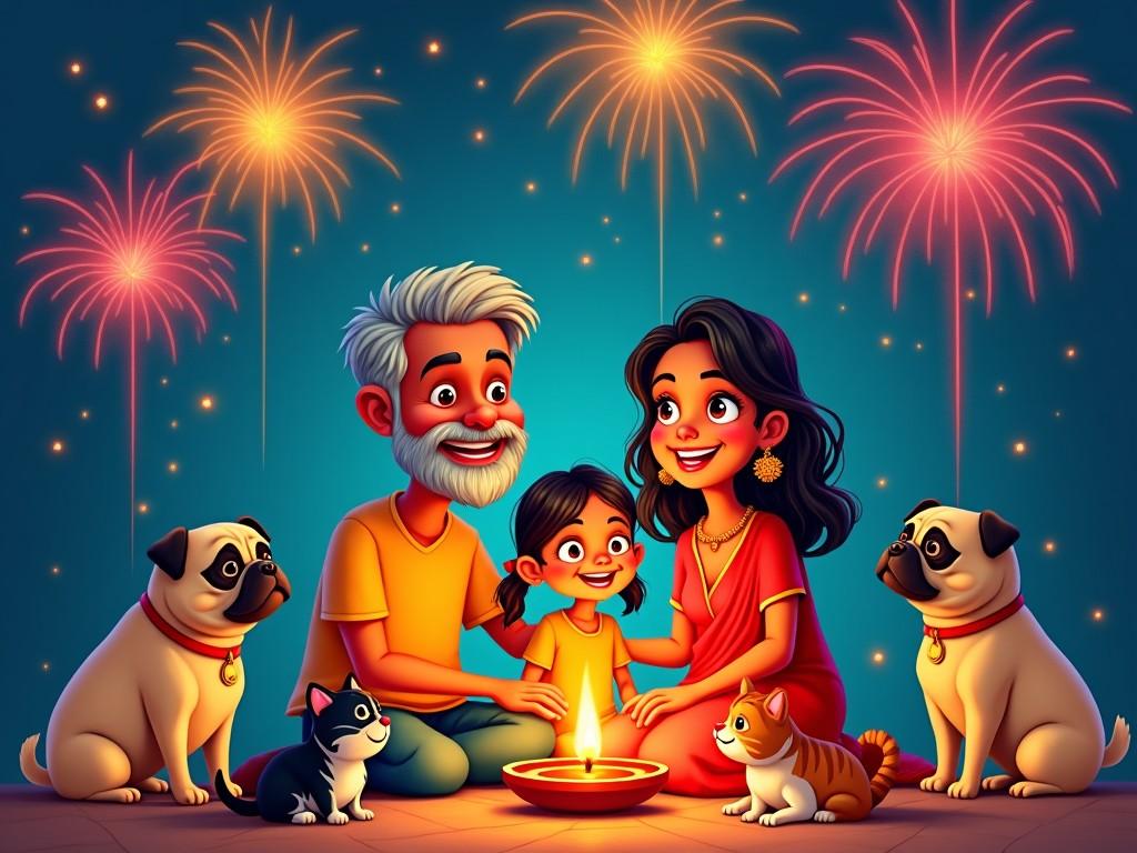 Create a cheerful and colorful caricature illustration featuring an Indian middle-aged couple and a little girl celebrating Diwali. They should be surrounded by two fawn old pugs and two cats, one black with white stripes and one orange. The couple, dressed in traditional attire, should be smiling and looking at each other while enjoying the festival. There's a diya (lamp) in front of them, symbolizing the light of Diwali. In the background, vibrant fireworks illuminate the sky, creating a joyful atmosphere. Include the text 'Happy Diwali' at the top of the image.