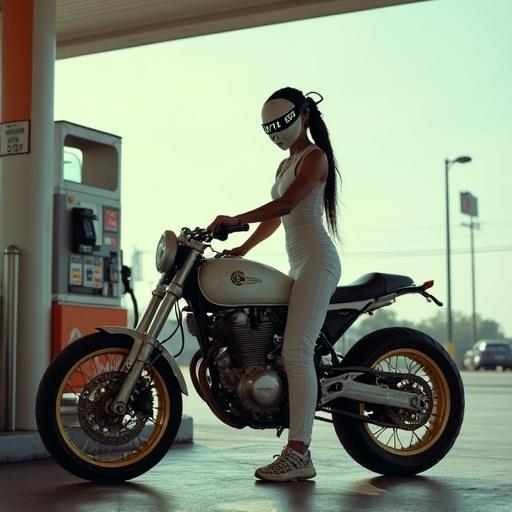 Analog style photo of a woman at a gas station. She fills a gas tank of her superbike. Wearing a visor with digital numbers. Long mechanical ponytail. Candid moment. Lomography Color Negative 800 aesthetic.